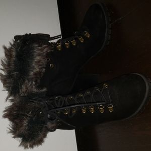 Black Faux Fur Lace Up Combat Boots Heel 9